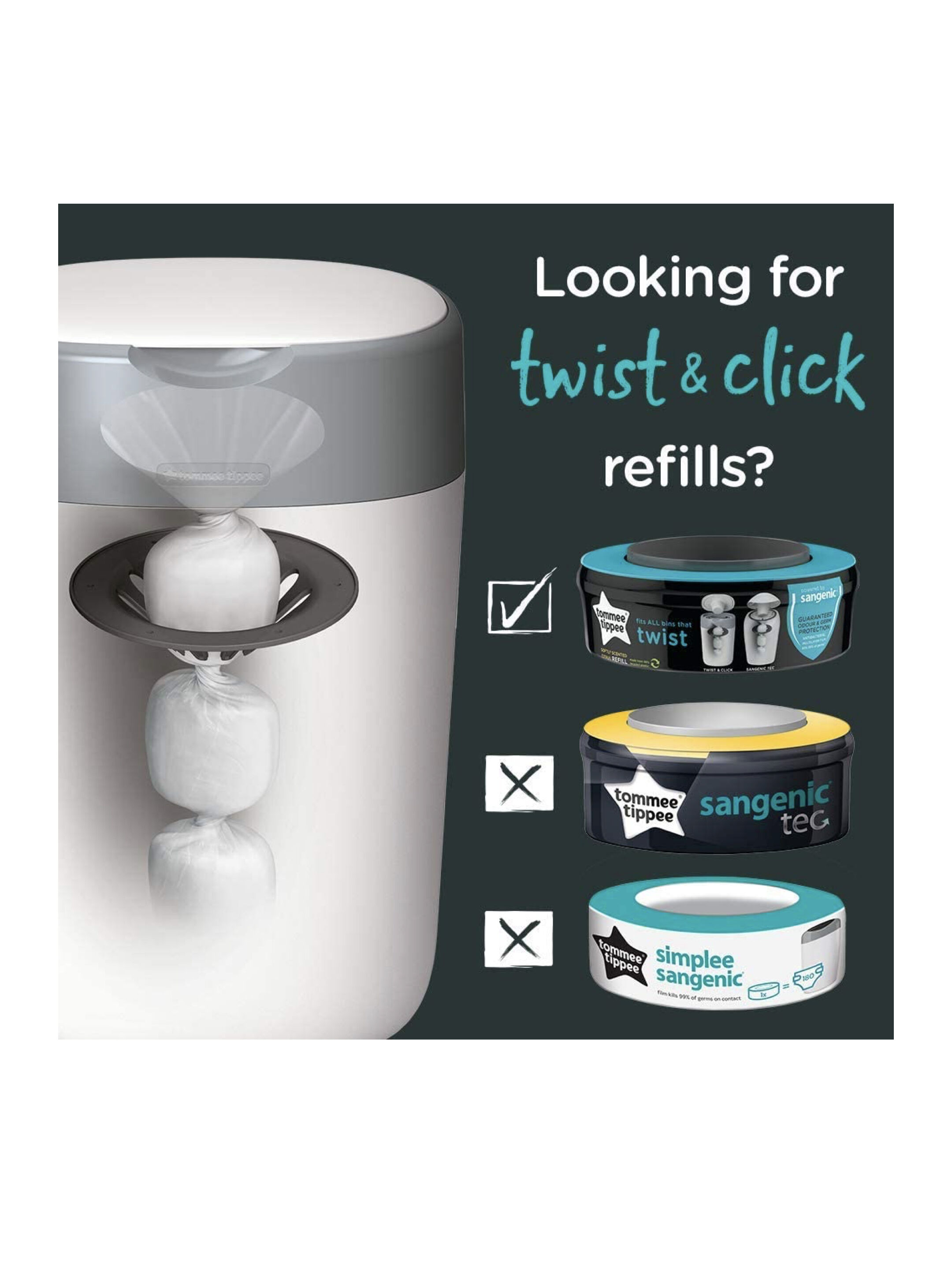 لفافات أكياس لإعادة ملء سلة التخلص من الحفاضات بتقنية Sangenic من تومي تيبي - 3 قطع image number 4