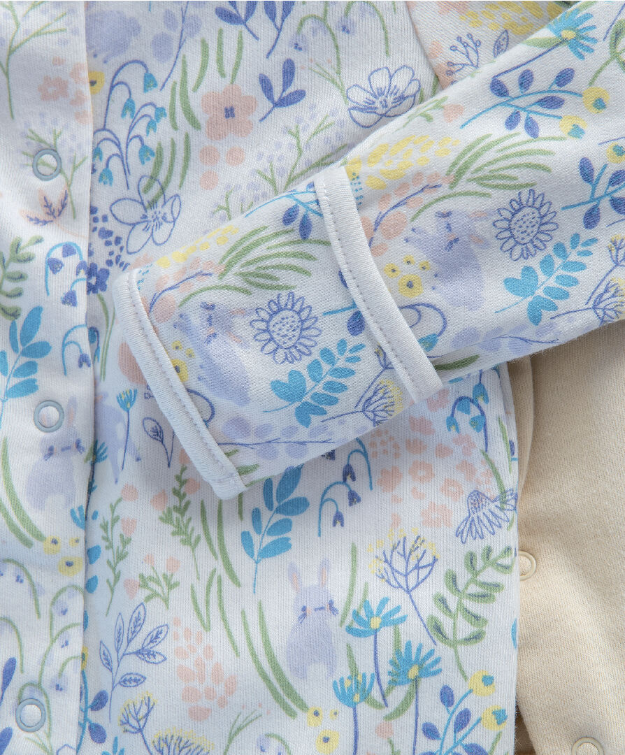 طقم بيجاما قطعة واحدة قطن جيرسيه بنقشة أرانب وزهور - 3 قطع image number 3