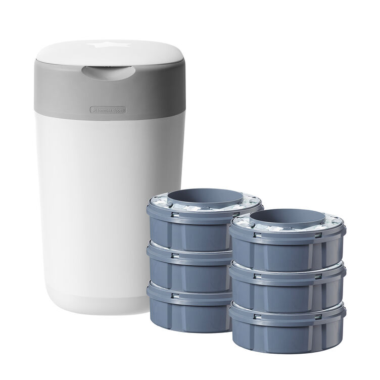 سلة التخلص من الحفاضات المستعملة تويست آند كليك المتطورة بتقنية Sangenic + &rlm;6 لفافات أكياس لإعادة الملء من تومي تيبي - أبيض image number 3