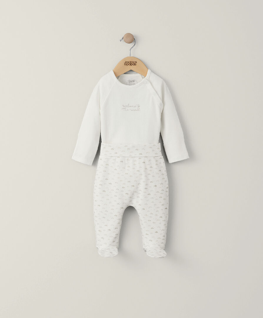 طقم لباس قطعة واحدة بتطريز ويلكم تو ذا وورلد ولغينغز بنقشة سحب - قطعتان image number 1