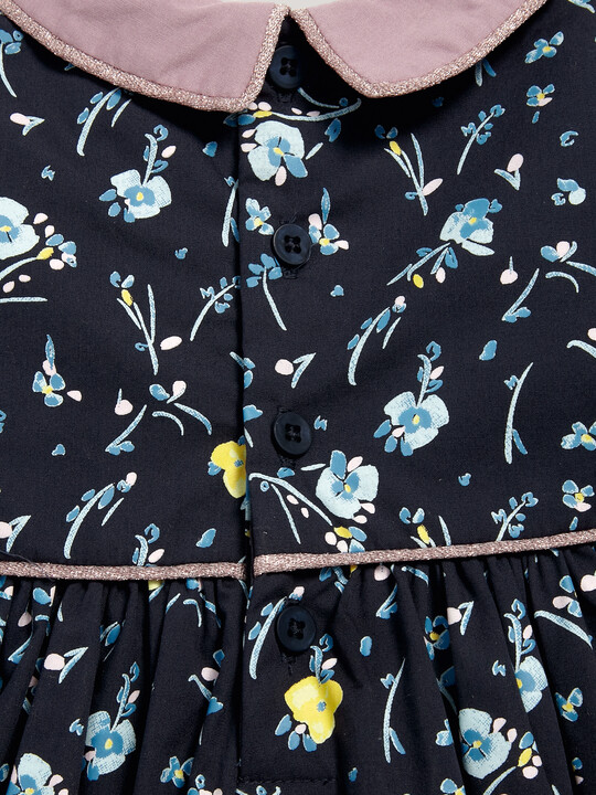 فستان قطني بنقشة الورود ذو ياقة - باللون الأزرق البحري image number 5